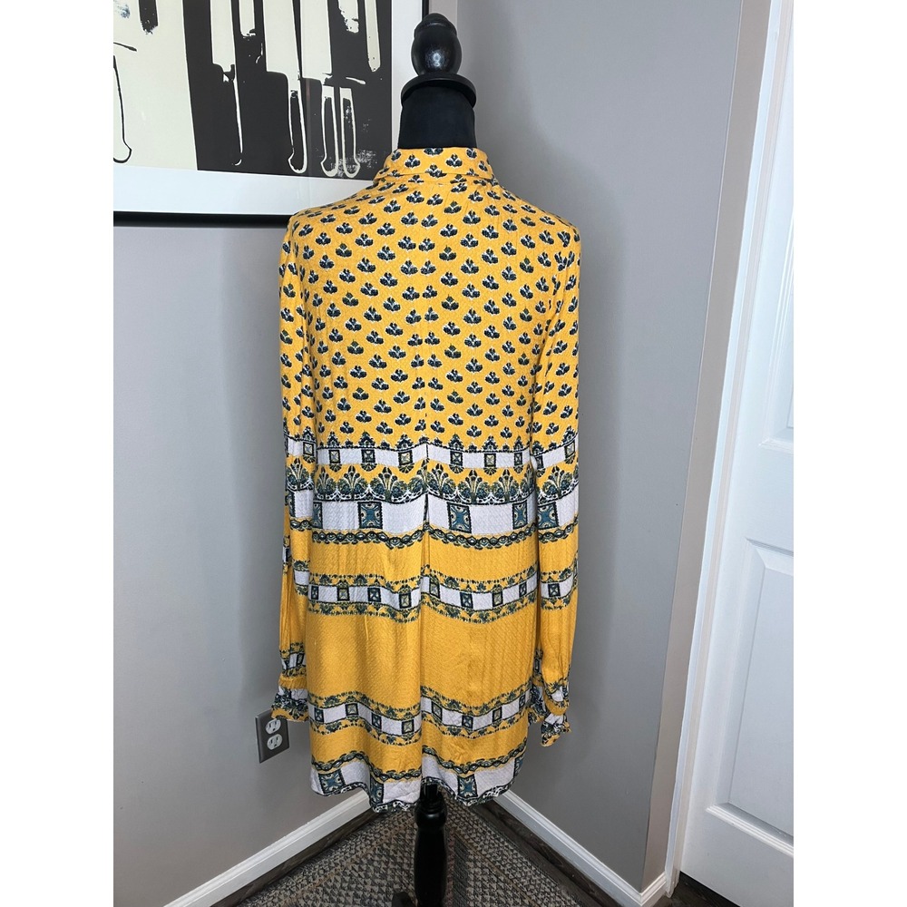 Free People‎ Flowy Long Sleeve Mini Dress Yellow Print Medium Festival Boho - Picture 3 of 6